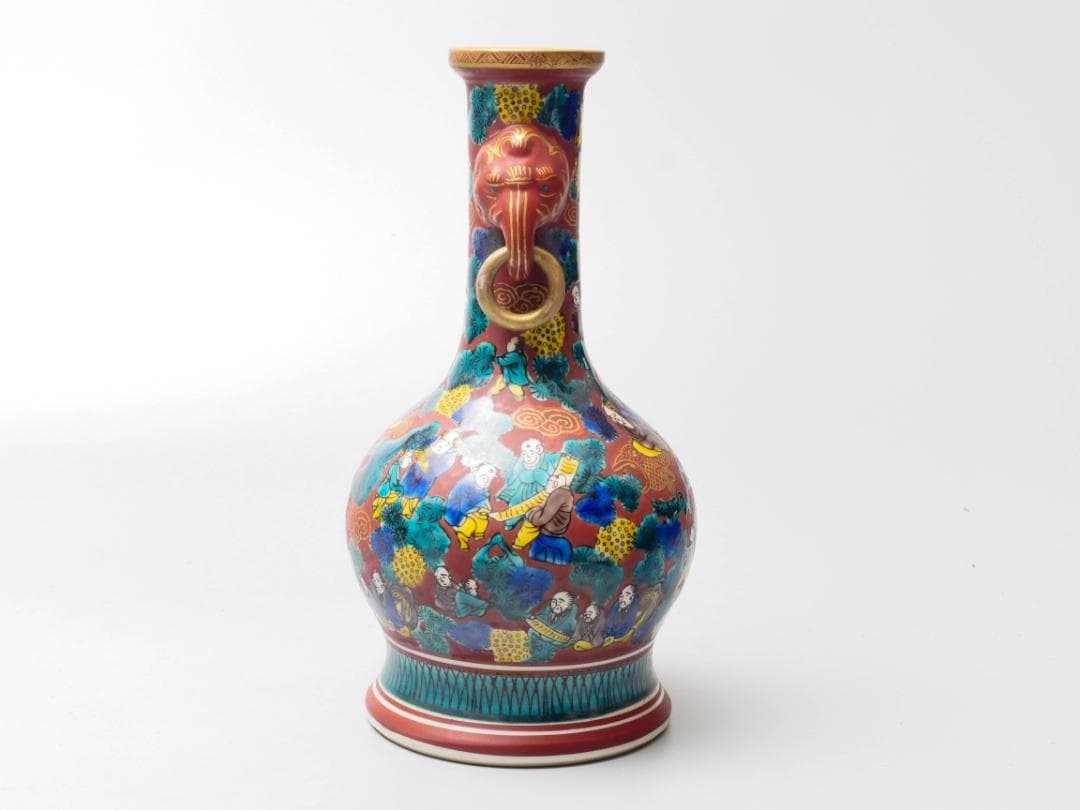 青木木米作 九谷焼 色絵金彩松賢人図 象双耳遊環花瓶 高さ23.5cm