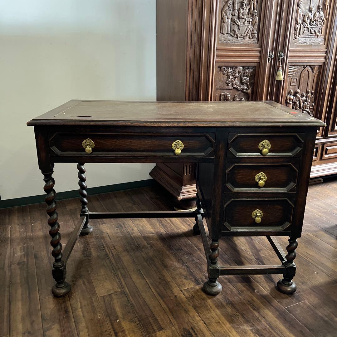 k232r124 イギリス アンティークデスク 革張り ツイストレッグ オーク材