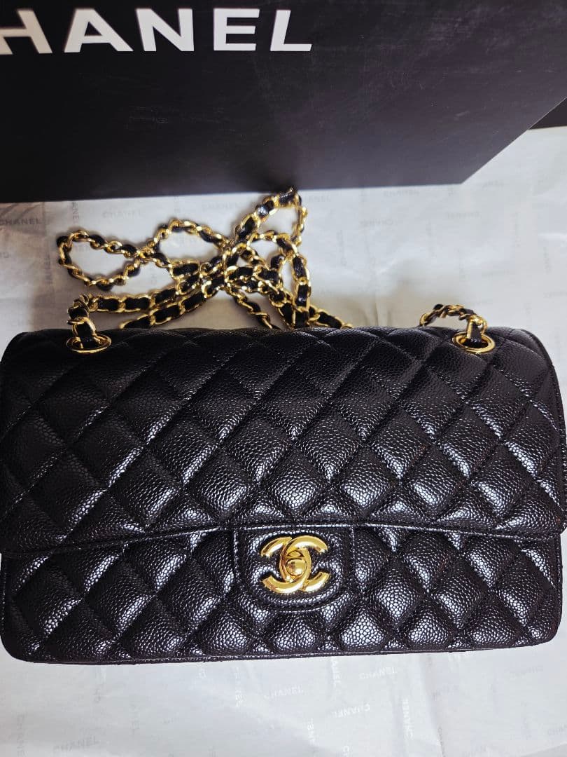 CHANEL ダブルチェーン　フラップバッグ　キャビアスキンゴールド☆ノベルティ