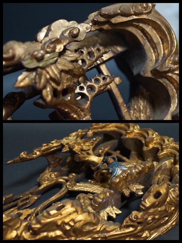 江戸末期一刀彫り高浮彫『人物風景図』 木造彩漆金箔張る 弓欄間 欄間飾り仏教美術