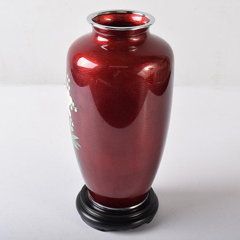 七宝焼　赤透明釉　四君子文　花瓶　唐木台付　共箱　M　R8361