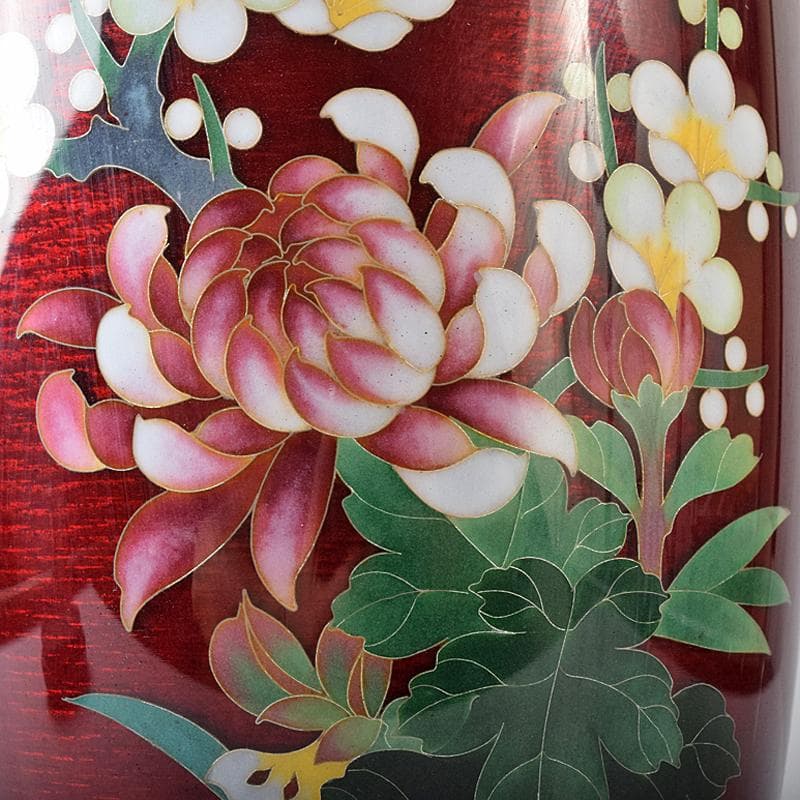 七宝焼　赤透明釉　四君子文　花瓶　唐木台付　共箱　M　R8361