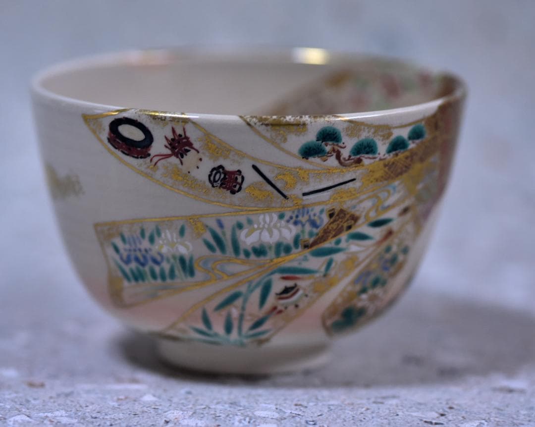 押小路窯　栗田庄左エ門作　【極上品】松茶茶碗　共箱/茶道具