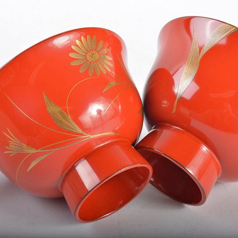 輪島塗　三谷吾一・井波唯志など特選五作家　朱盃　五客　共箱　F　R4348