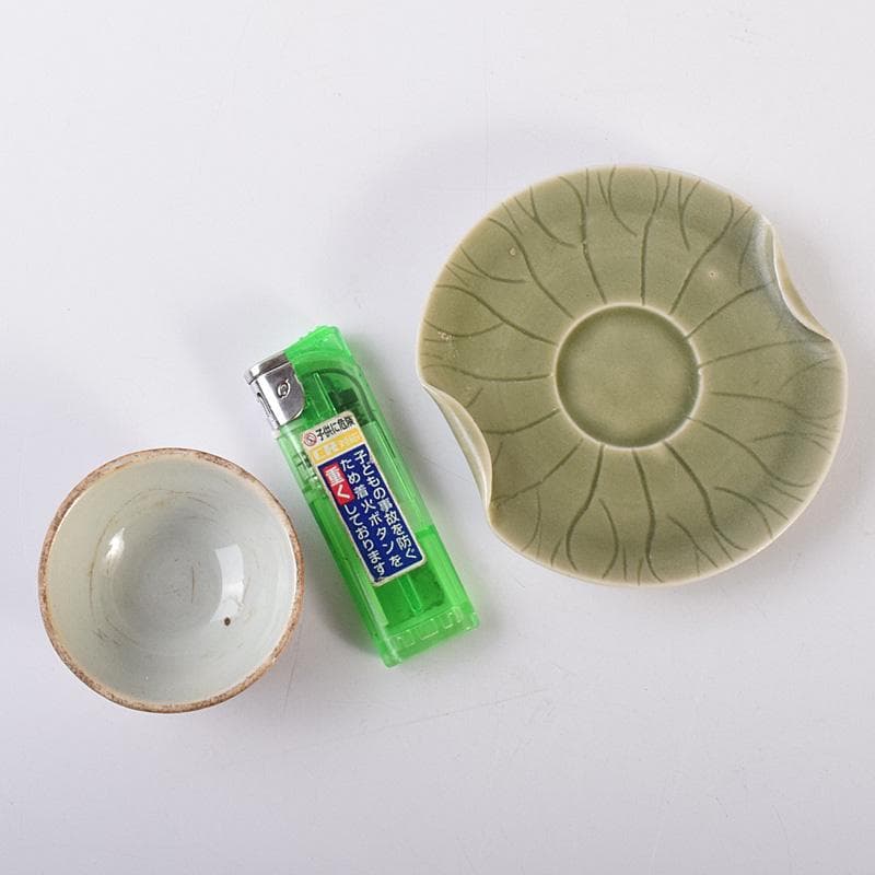 中国　唐物　龍泉窯　青磁盃台　柿釉煎茶器２客　三点まとめて　V　R7569