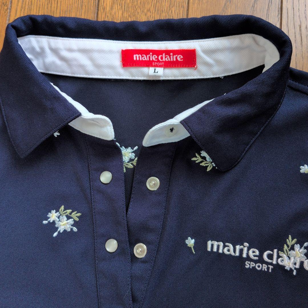 marie claire SPORT Lサイズ ポロシャツ ネイビー 花柄刺繍