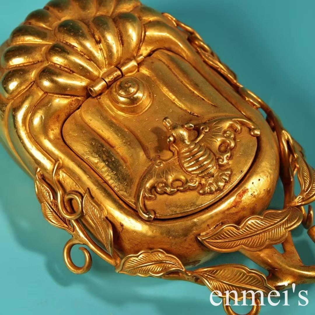 中国古美術・旧蔵鎏金の福瓜型筆洗水洗・純手作り・純銅製・置物・文房具・案頭