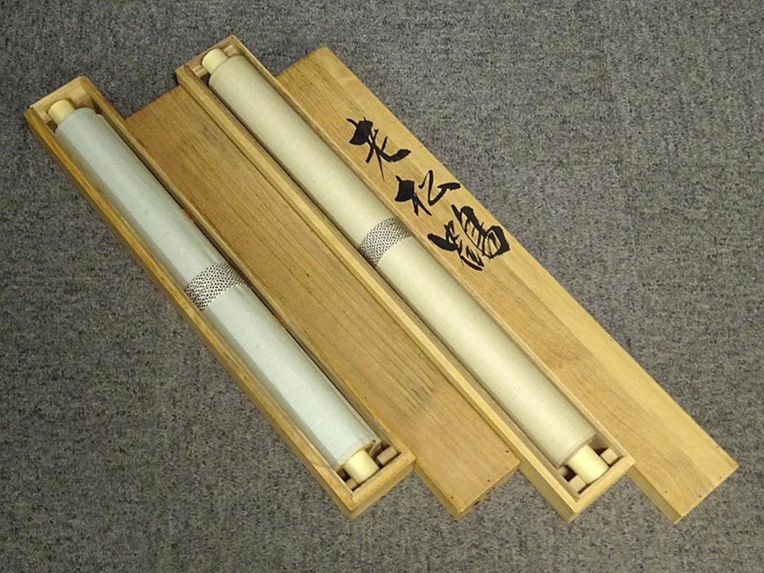 掛軸2本セット 翠光、昿光『高砂 老松鶴図』絹本 共箱 無地箱付 a060119