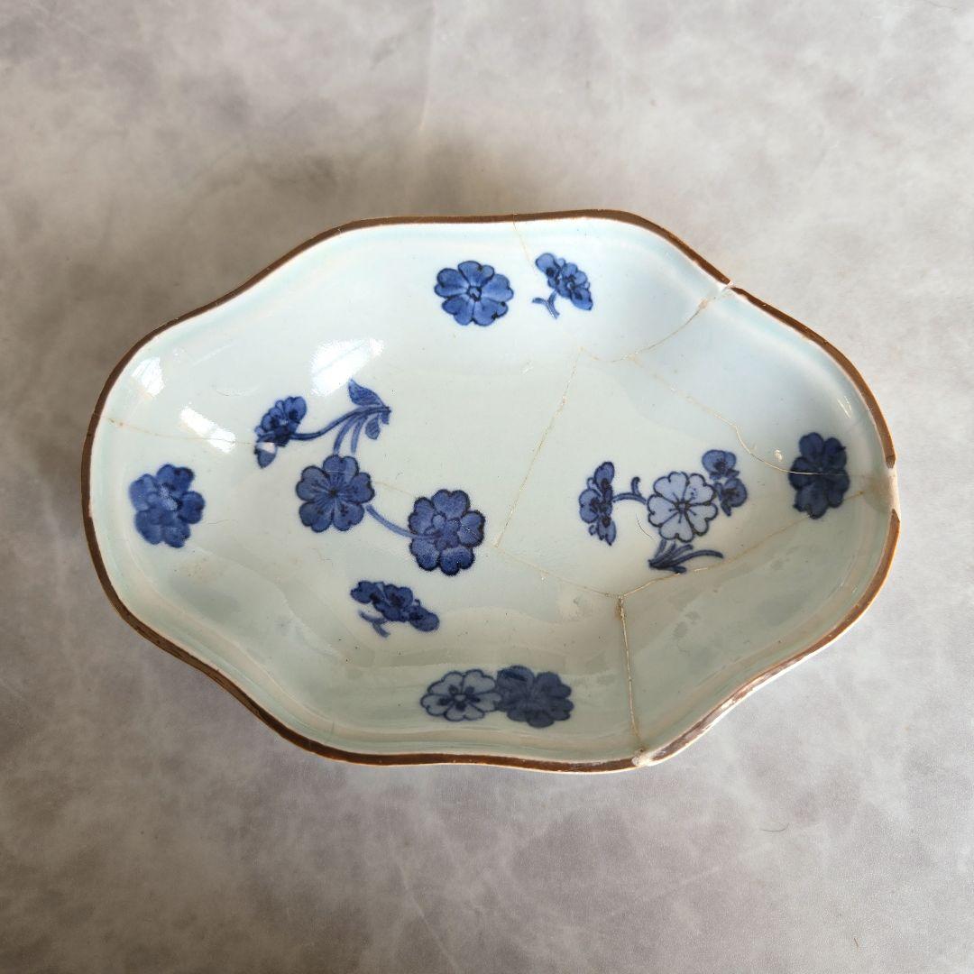 古伊万里　藍柿手　染付　向付　桜　江戸時代　骨董　金直し　金継ぎ　アンティーク