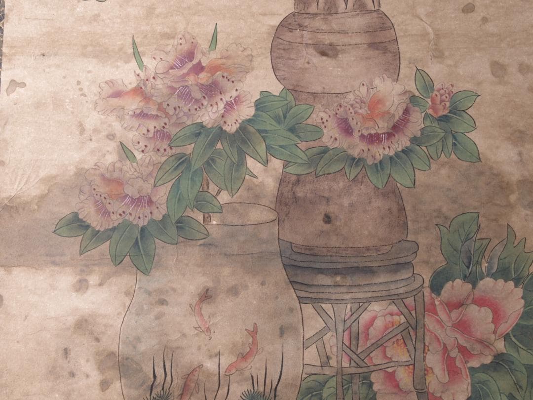 古民家整理品　中国五代作家　巨然作　掛け軸　肉筆水彩絵　 AK538A14-3