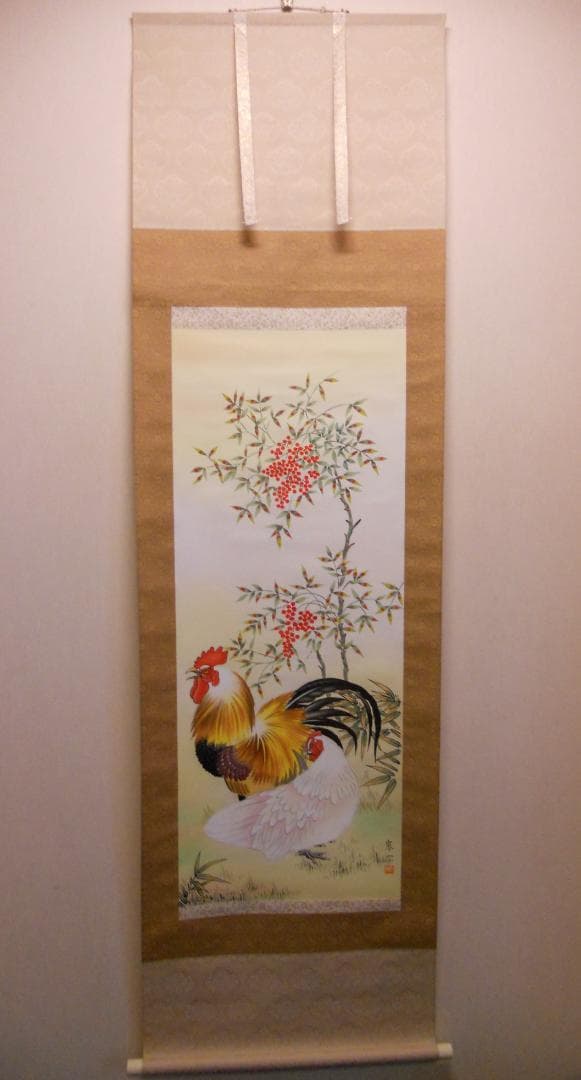 掛け軸 宗一 南天に家禽 絹本 希少 軸装 茶道具 掛軸 美品 です。
