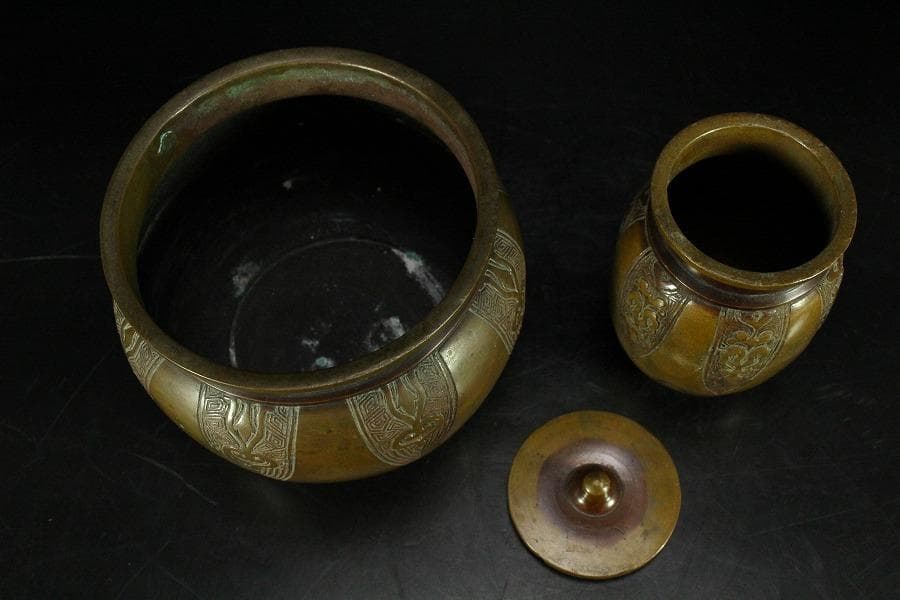 古銅 大明宣徳年製 饕餮紋 二件(K-ZC785)