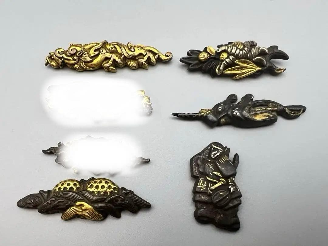 【海】江戸明治期　目貫　龍　天使　武士文など　銅鉄　金銀象嵌　5点　骨董品