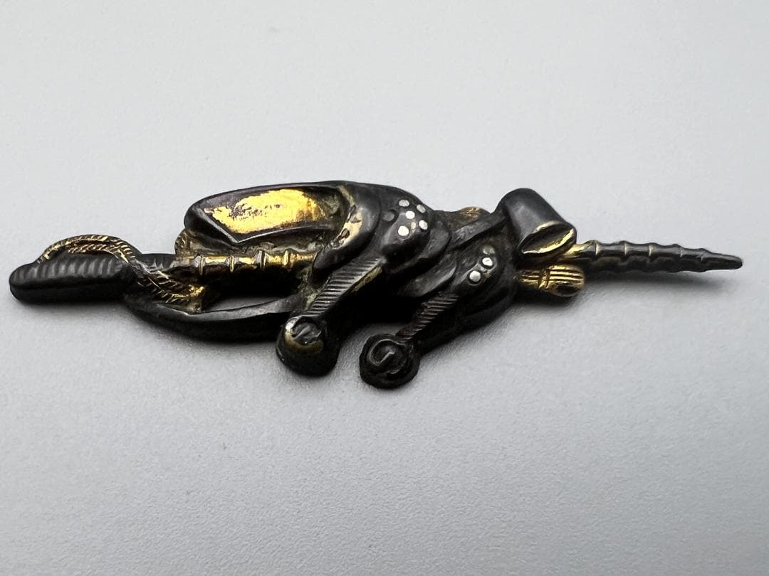 【海】江戸明治期　目貫　龍　天使　武士文など　銅鉄　金銀象嵌　5点　骨董品