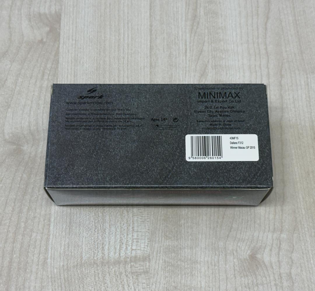 新品 1/43 スパーク ダラーラ F312 2015年 F3 マカオGP優勝車