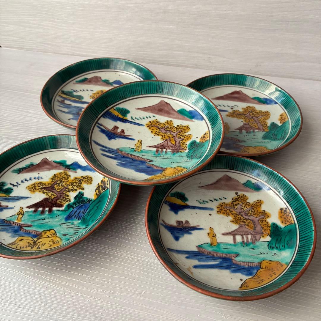 【1枚訳あり】九谷焼　吉田屋窯　小皿　角福　山水　青手　年代物　共箱　和食器