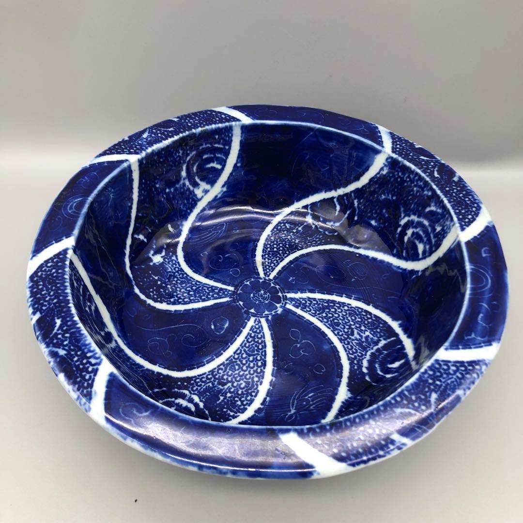 明治時代古伊万里渦巻き花微塵唐草文様ベロ藍印判手鉢ボウル26cm伊万里焼骨董品