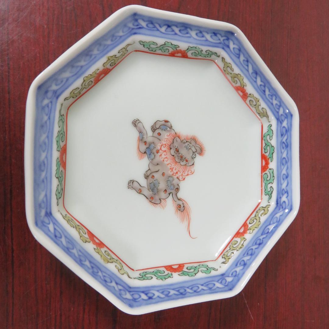 八角皿 伊万里 古代唐獅子 五寸皿 2枚 明治 大正 希少 美品 極上