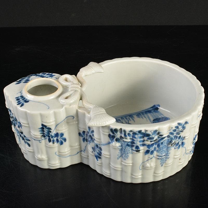 瀬戸焼　古瀬戸　書道具　染付　花鶴文　瓢箪形　筆洗　水盂　F　R7455