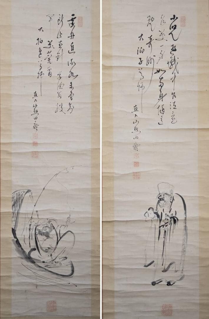 【真作】掛軸　田能村直入　二幅対　文人画人物図　詩文賛あり　共箱入　R101