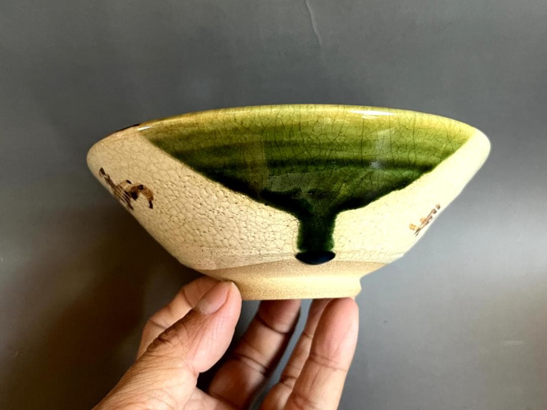 茶碗■織部焼き 六兵衛 平茶碗 抹茶碗 お茶道具 古美術 時代物 骨董品■