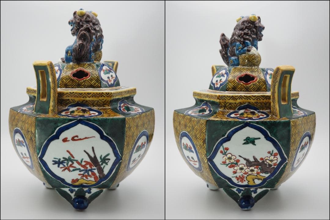 古九谷 角福 色絵 松竹梅窓絵 獅子摘 大型香炉