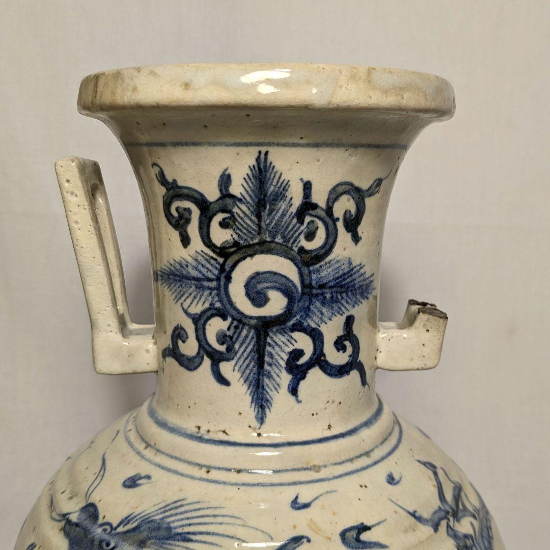 明治大正期 伊万里焼 染付雲龍文耳付花瓶 有田焼 花入 花器 フラワーベース