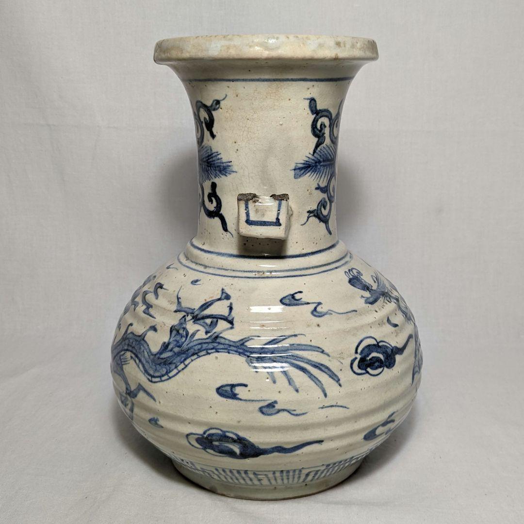 明治大正期 伊万里焼 染付雲龍文耳付花瓶 有田焼 花入 花器 フラワーベース