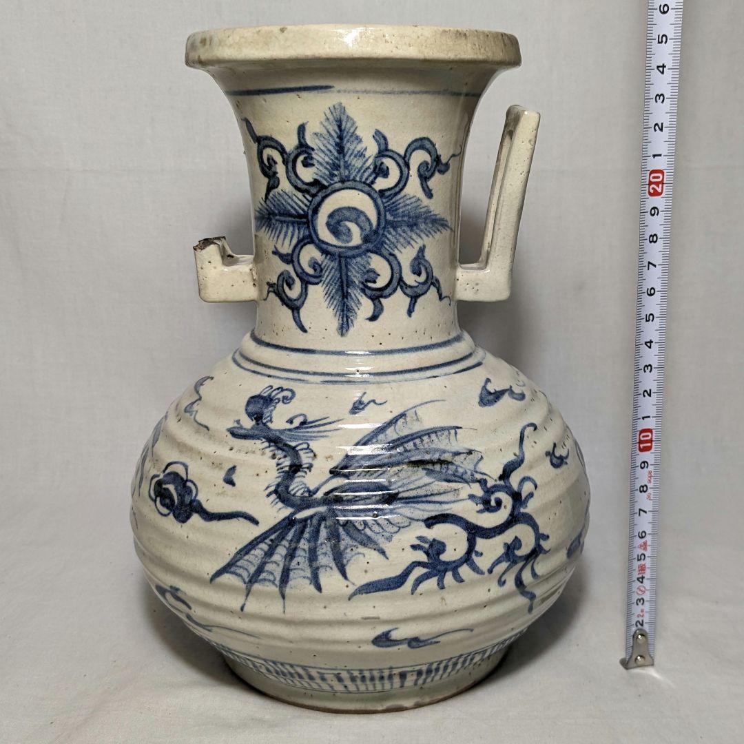 明治大正期 伊万里焼 染付雲龍文耳付花瓶 有田焼 花入 花器 フラワーベース