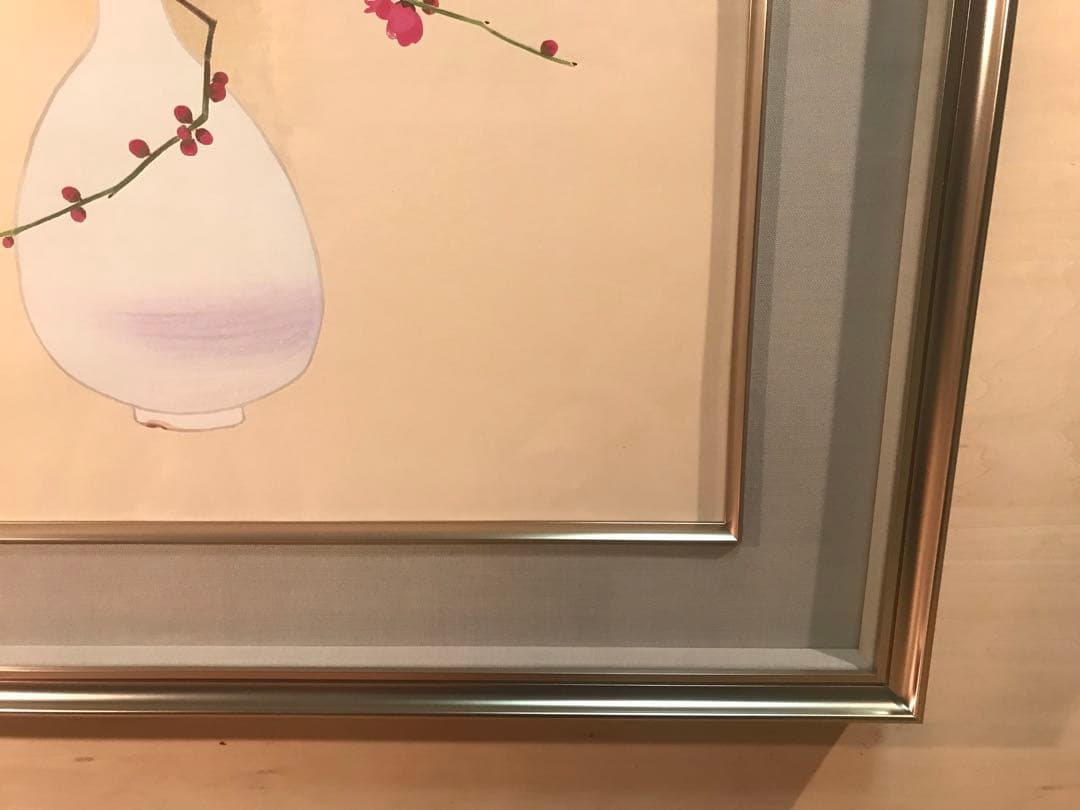 安田靫彦「紅花白瓶」木版画　刷り込みサイン・落款・作品証明シール・作品証明書有り