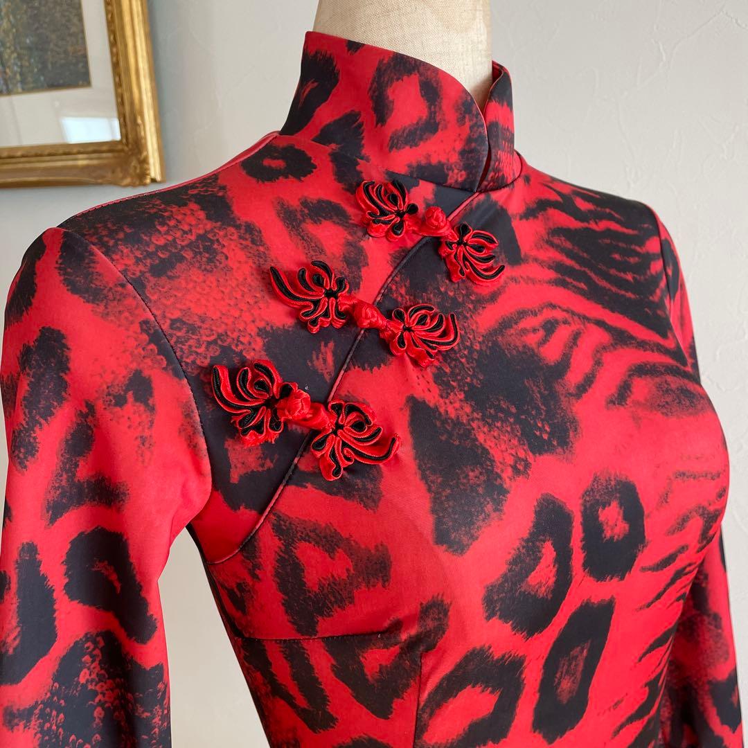 お値下げ【社交ダンス用ドレス】赤黒ヒョウ柄*デモ*レッスン★ラテン★Mサイズ