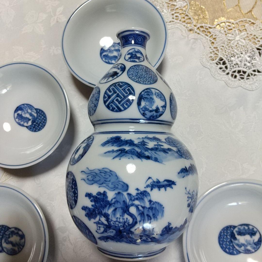 希少品　京焼　清水焼　北村賀善　祥瑞丸紋　徳利と盃　5客