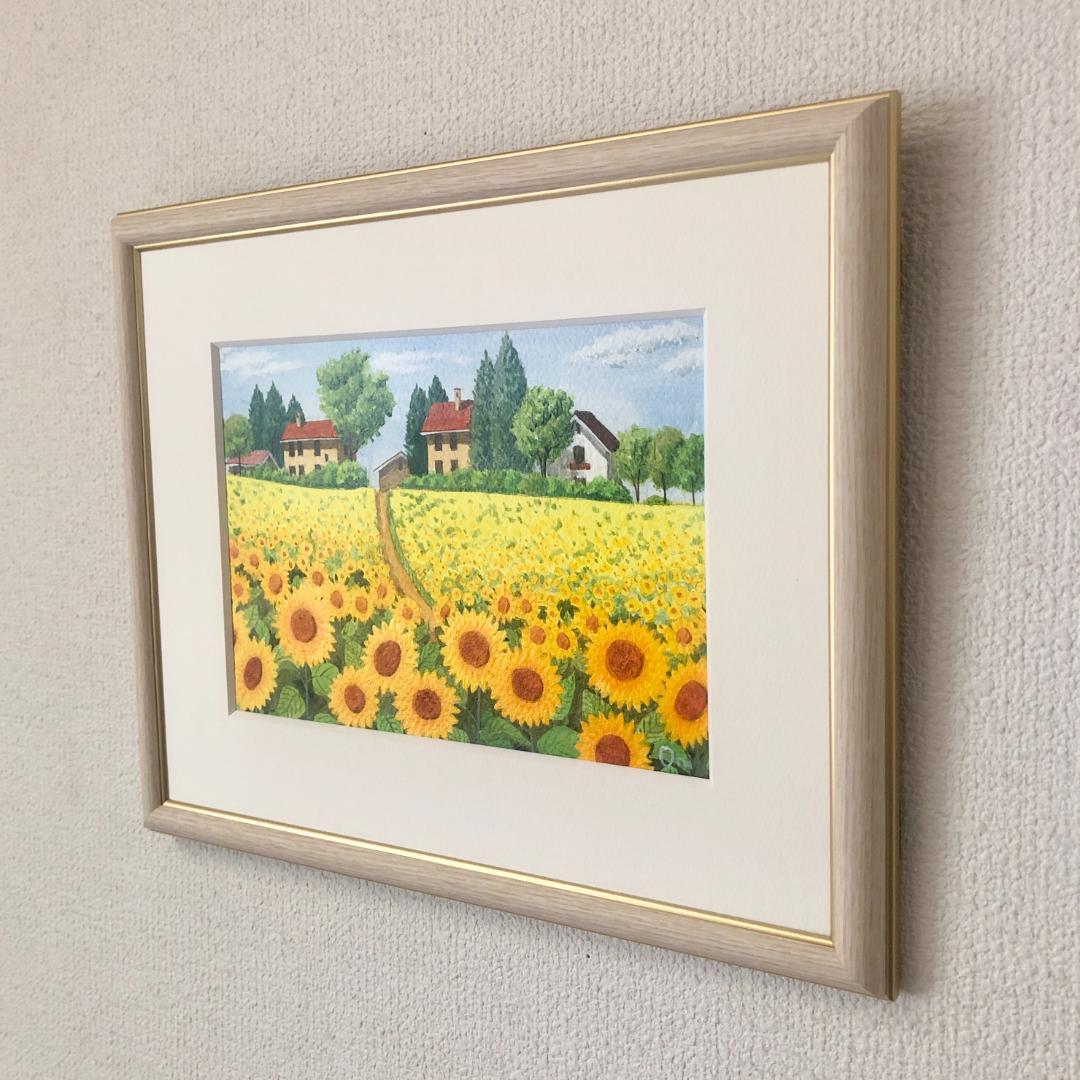 アクリル画　原画　「ひまわりの丘08」額縁付　SMサイズ　風景画