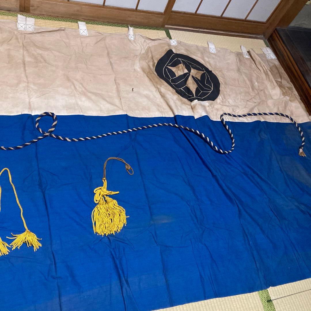 旧家 特大 大のれん 古布 時代物 家紋入り 丸に九枚笹 3m70cm