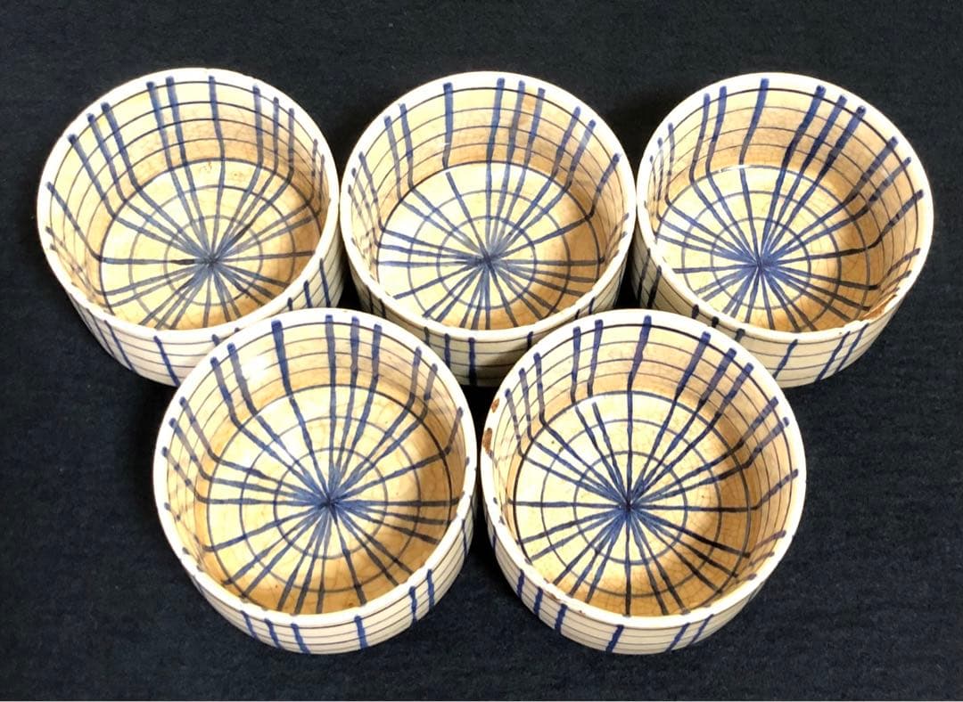 《R》染付 格子文 猪口 湯呑 5客 在銘 懐石 木箱　251020い4