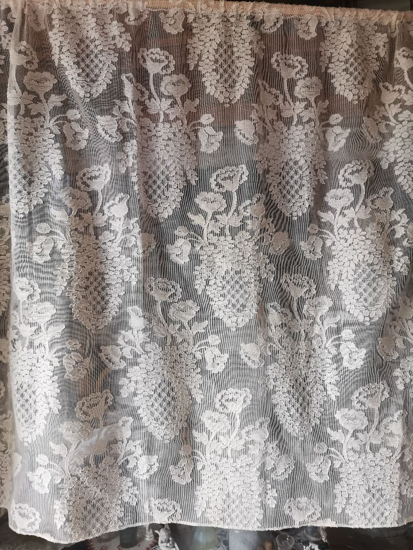 アンティーク ノッティンガム マドラスレース ポピープランター花籠カーテンパネル