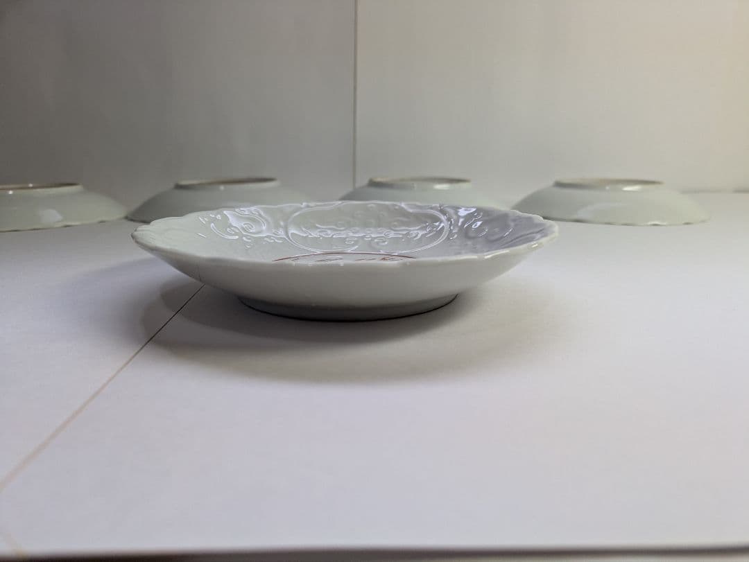 古伊万里、『白磁陽刻・色絵麒麟文輪花皿』、5客、銘無、箱無