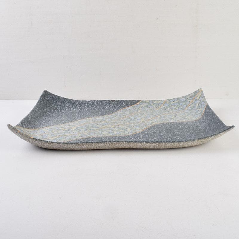 丹波焼　珀耀窯　清水一ニ作　吹泥金彩流文　長形皿　共布共箱　C　R9159B