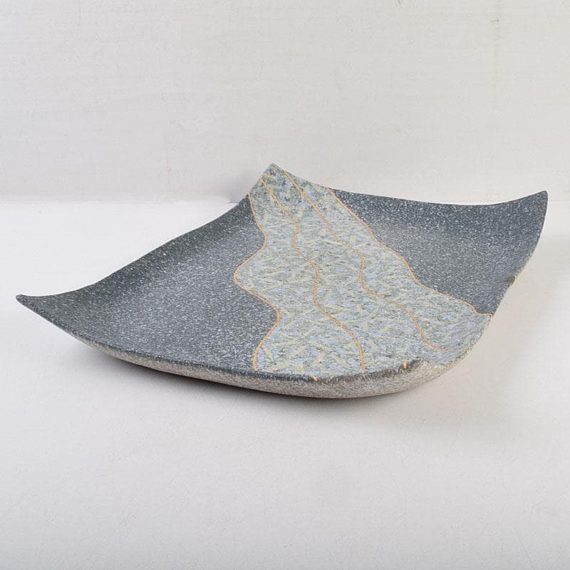 丹波焼　珀耀窯　清水一ニ作　吹泥金彩流文　長形皿　共布共箱　C　R9159B