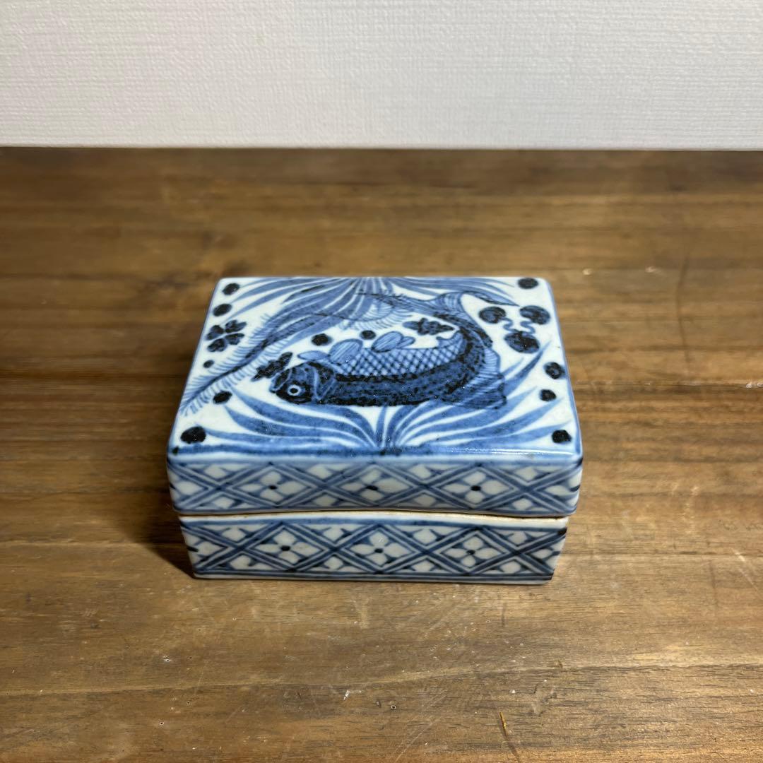 元時代　染付魚藻文香合　元