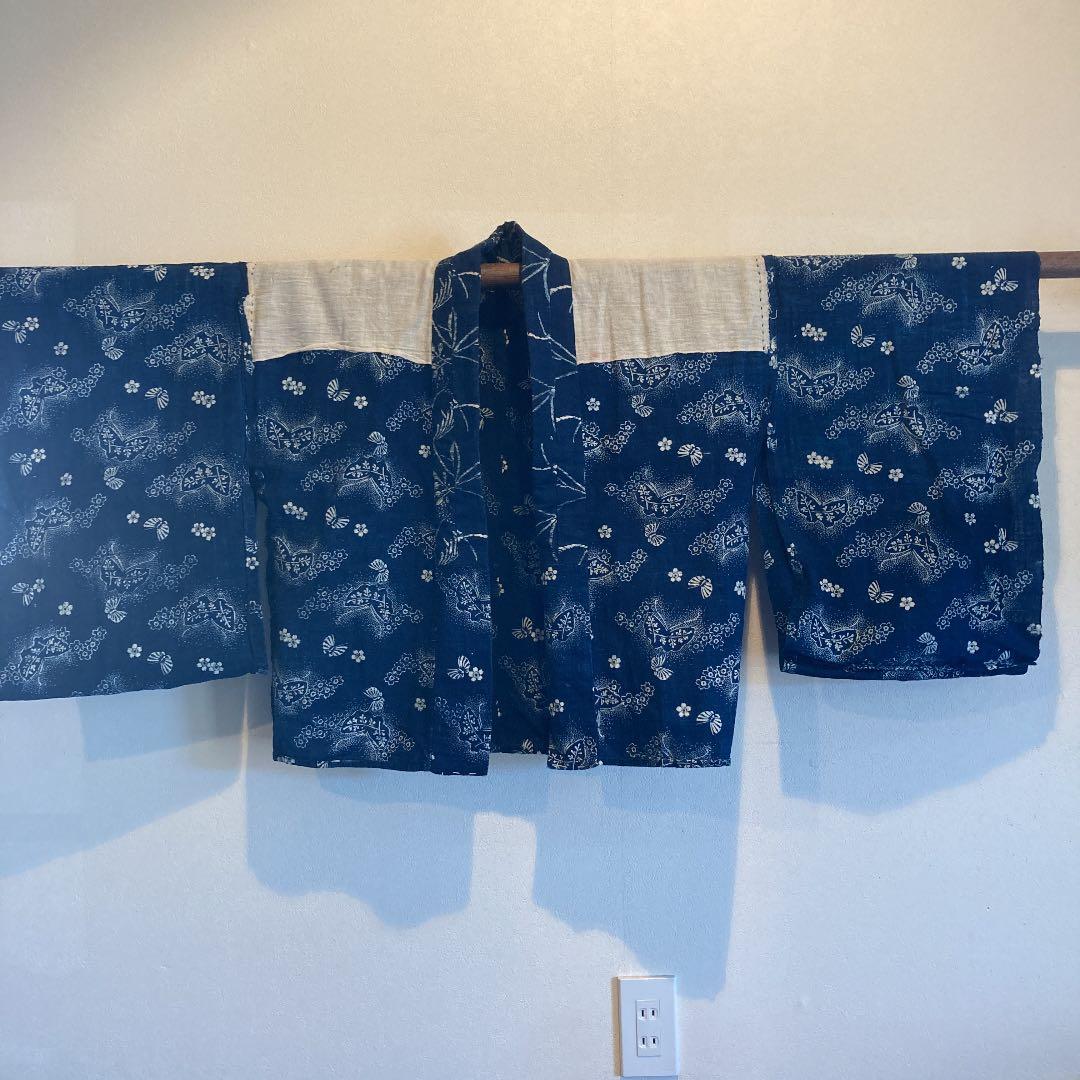 古布　半襦袢　両面染め　型染　藍染　蝶々　桜