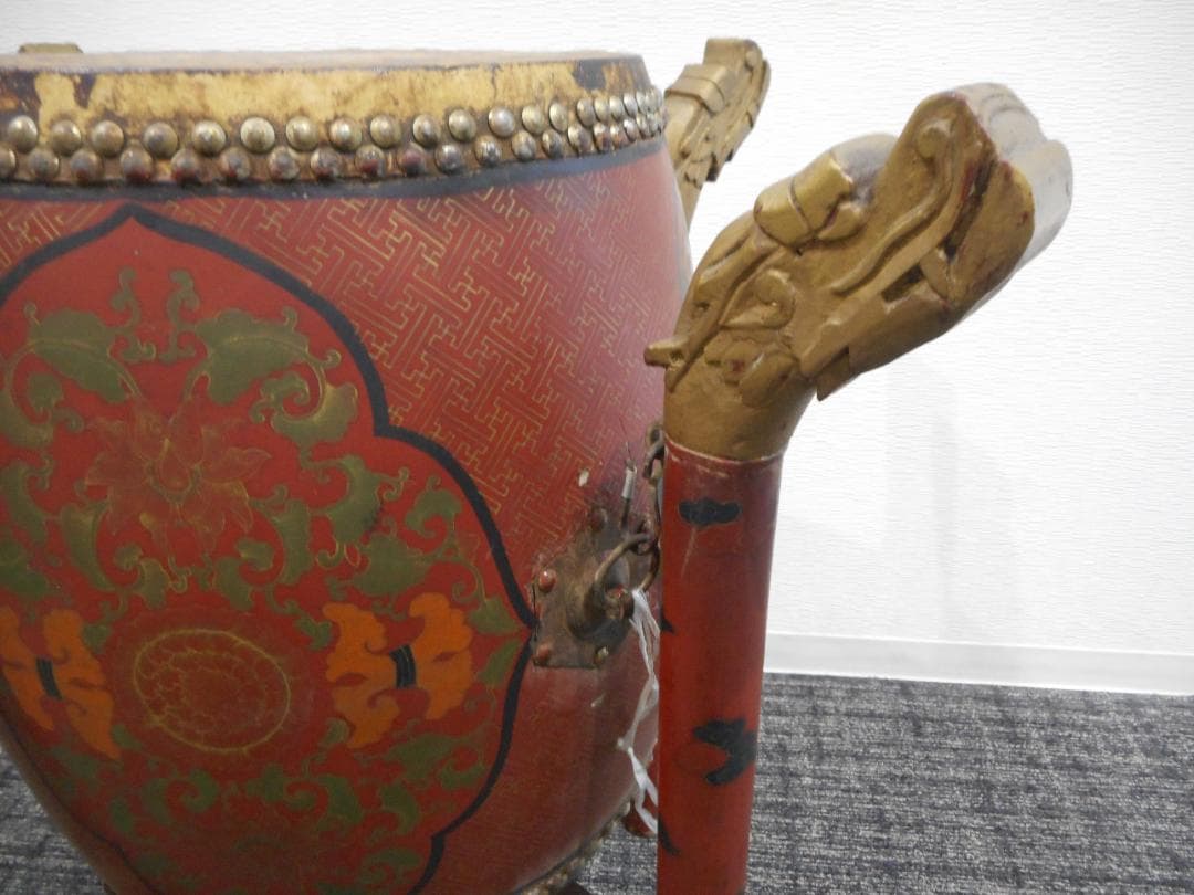 【保管品　中国伝統楽器】堂鼓（タングー、両面太鼓）（専用スタンド、バチ付き）