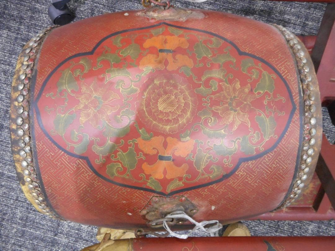 【保管品　中国伝統楽器】堂鼓（タングー、両面太鼓）（専用スタンド、バチ付き）
