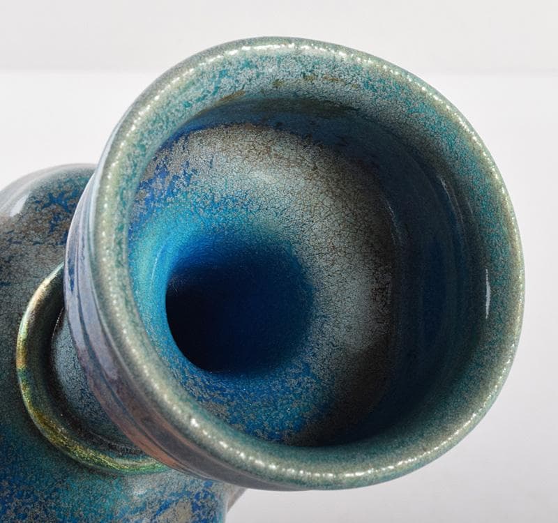 人間国宝　加藤卓男作　青釉　鶴首花生　花瓶 　一輪挿し　共箱　L　R5428