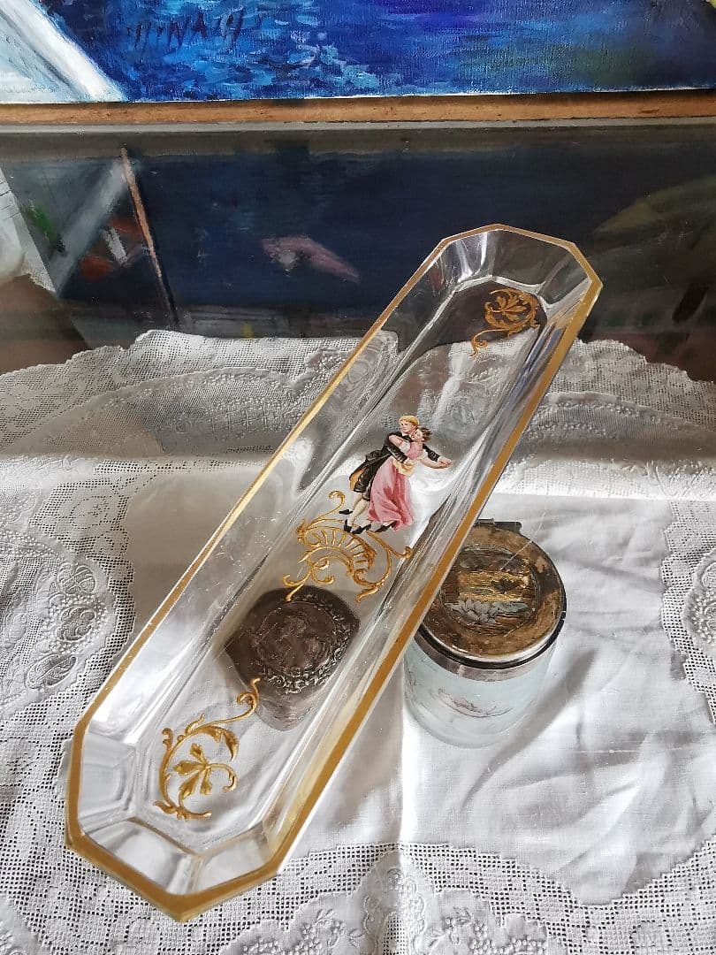 アンティーク ロブマイヤー 手描きエナメル盛上げ金彩 ペアのダンス 八面体トレイ