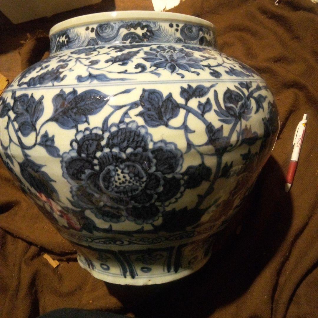 とし　中国陶磁器　元染付　草花文様大壺