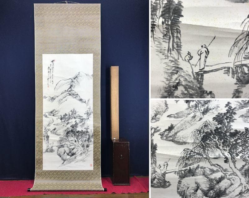 【真作】児玉果亭/皆渓訪友画賛/山水図/掛軸☆宝船☆AD-591