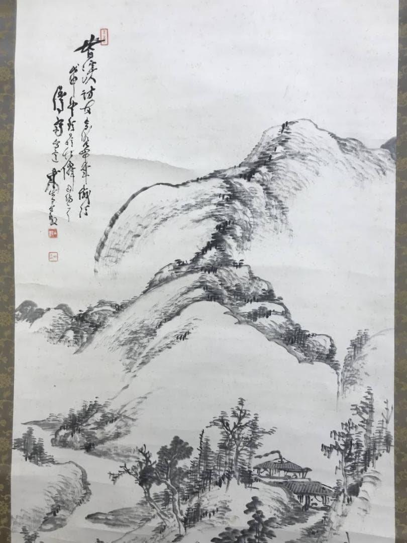 【真作】児玉果亭/皆渓訪友画賛/山水図/掛軸☆宝船☆AD-591