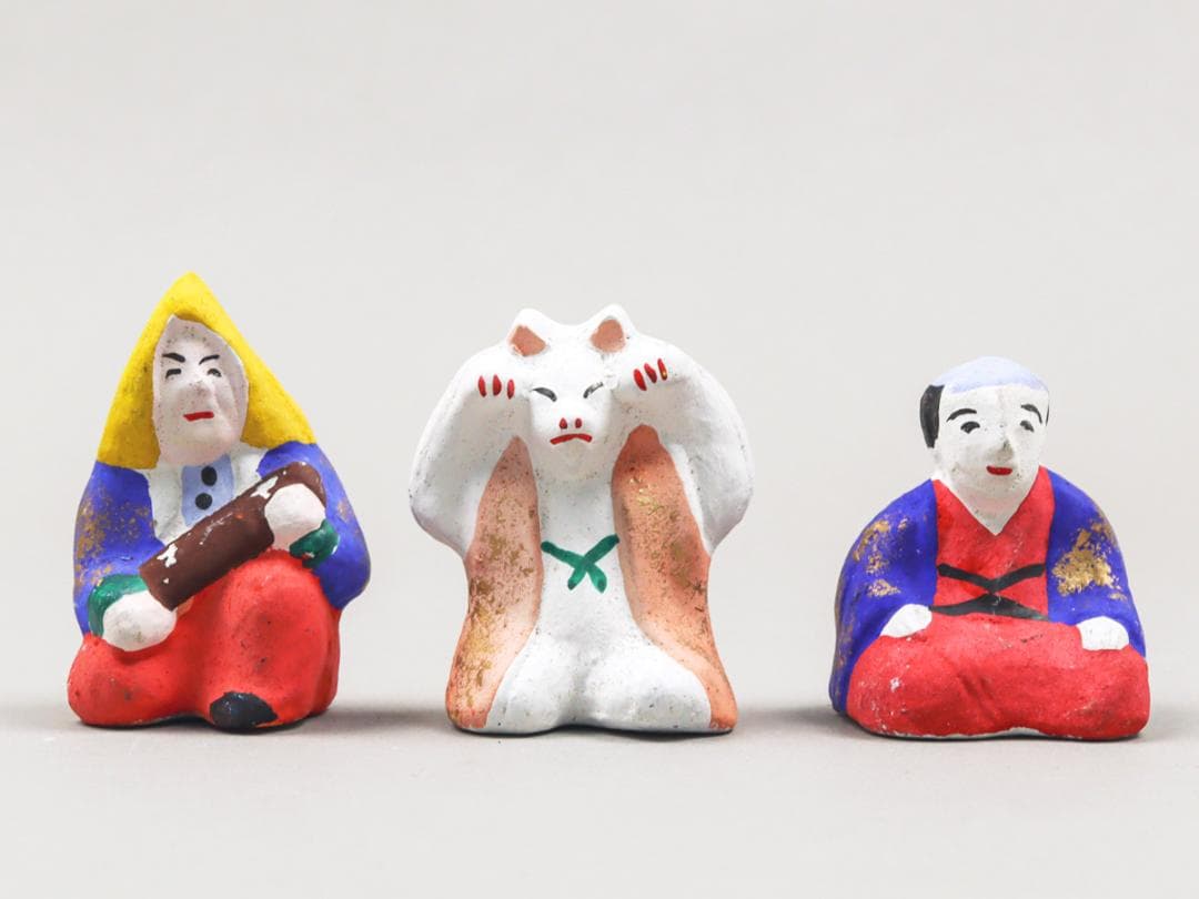 今戸焼 三すくみ 狐拳 キツネ 猟師 庄屋 土人形 置物 民芸品