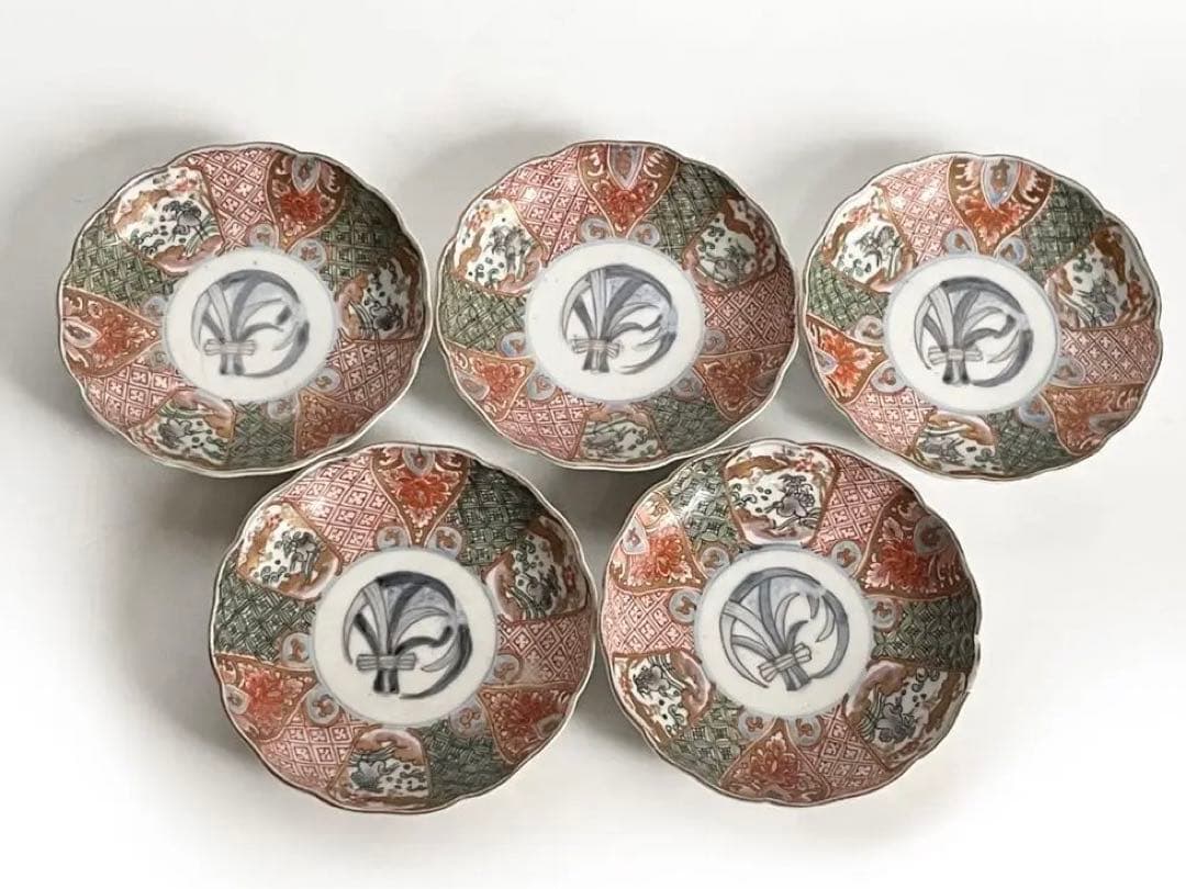 骨董　アンティーク　金襴手　輪花縁　小皿　稲穂文様　5枚